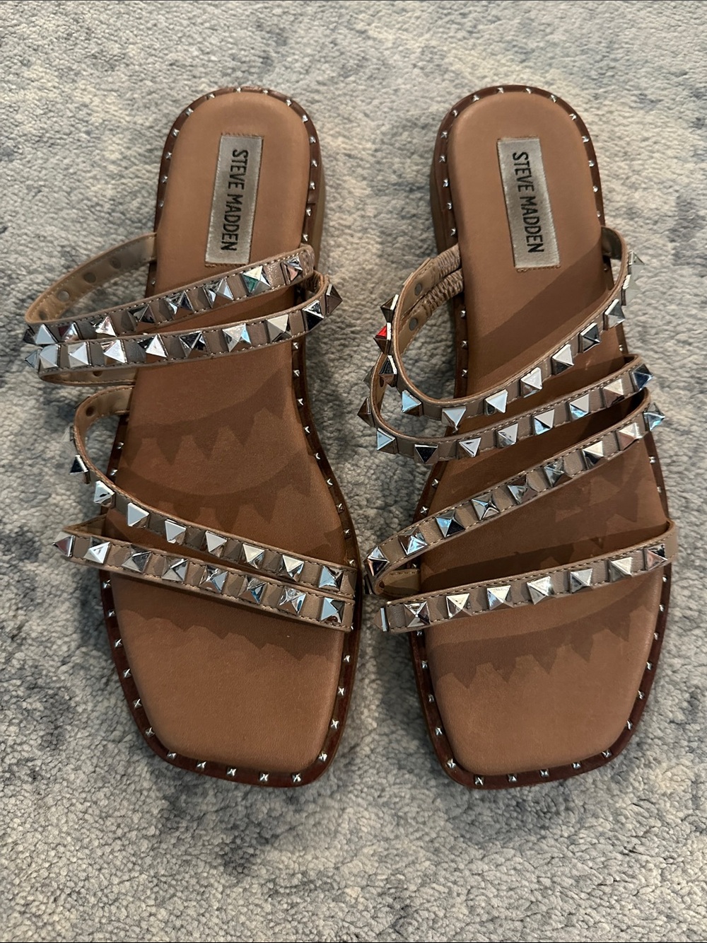 Steve Madden Brown Multi-Strap Studded Slide On Sandals
